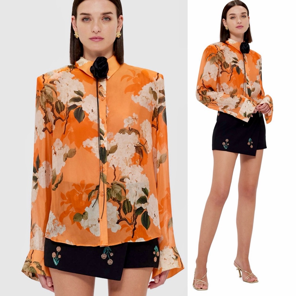 Leo Lin Tangerine Hydrangea Silk Blend Della Button Front Shirt